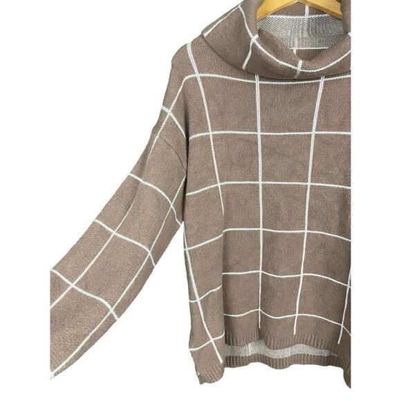 Kirundo Sweater Women XL Caramel Brown Window Pane Check Cowl Neck Soft Knit - Picture 2 of 10